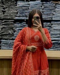 LCW 5742 New Beautiful embroidery work anarkali Cotton  kurta pant dupatta  set  - Orange, XL-42