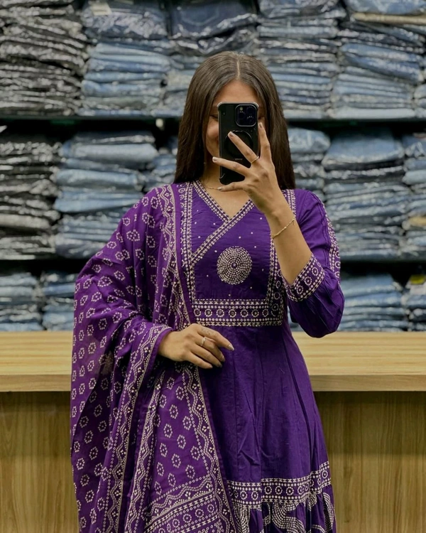 LCW 5742 New Beautiful embroidery work anarkali Cotton  kurta pant dupatta  set  - Blue, L-40