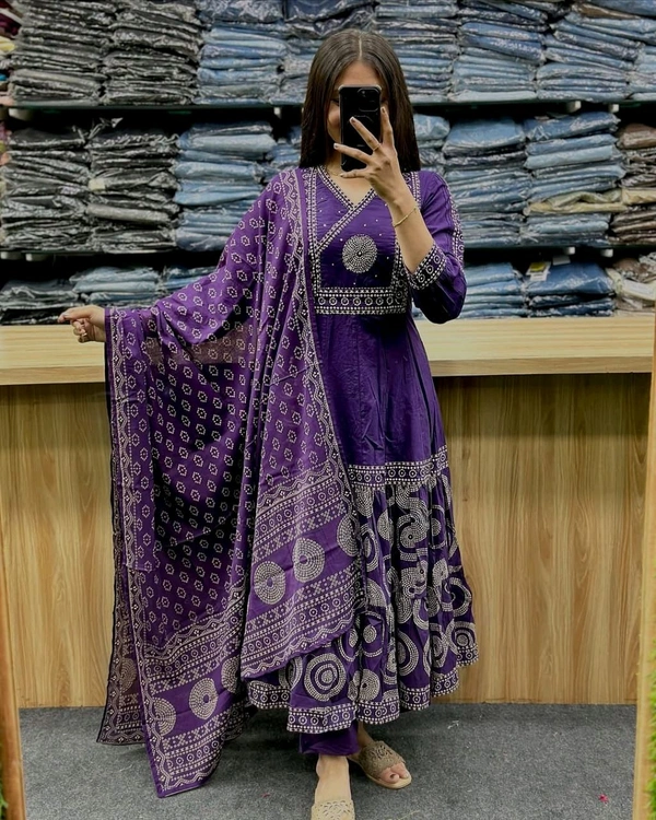 LCW 5742 New Beautiful embroidery work anarkali Cotton  kurta pant dupatta  set  - Blue, XL-42