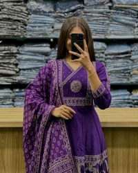 LCW 5742 New Beautiful embroidery work anarkali Cotton  kurta pant dupatta  set  - Blue, XL-42