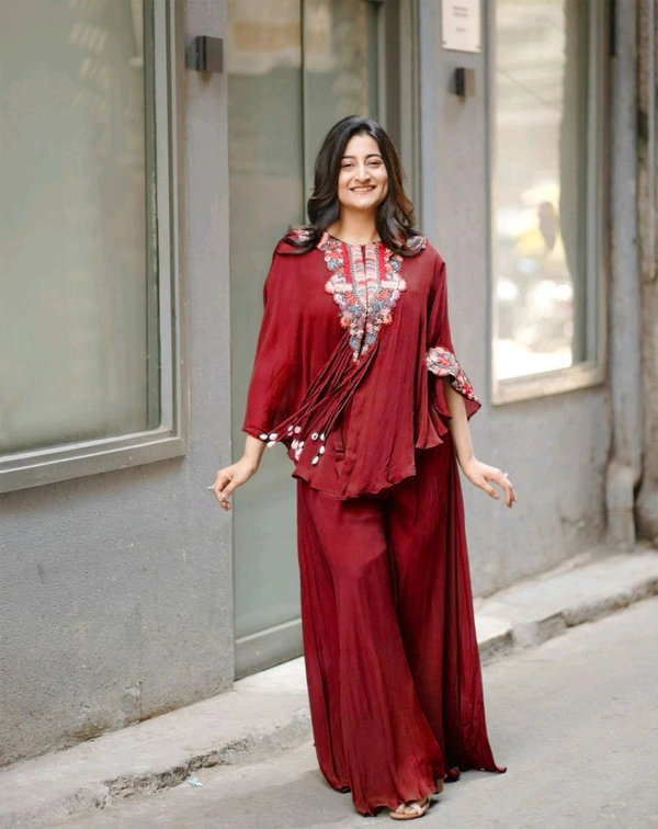 DSS 5743 *NEW INDO WESTERN WITH CODI LATKAN  SEQUENCE EMBROIDERED WORK CHINON DRESS - Maroon, 2XL-42