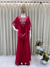 DSS 5743 *NEW INDO WESTERN WITH CODI LATKAN  SEQUENCE EMBROIDERED WORK CHINON DRESS - Maroon, 2XL-42