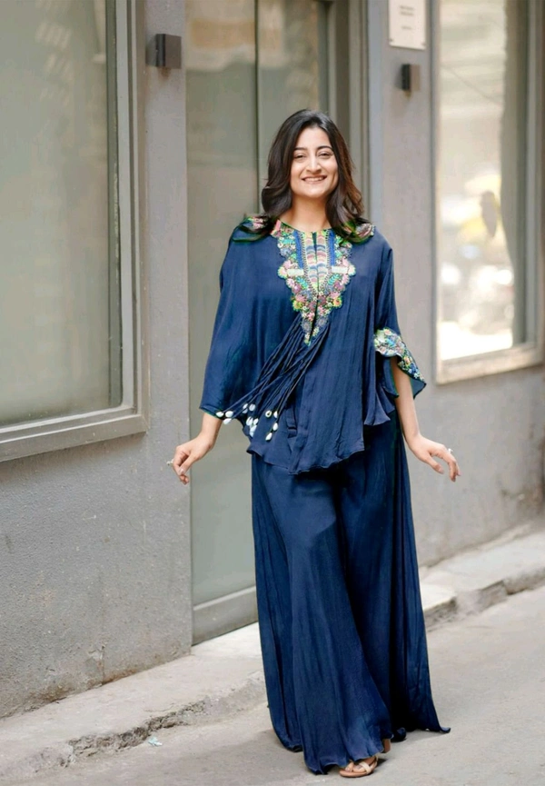 DSS 5743 *NEW INDO WESTERN WITH CODI LATKAN  SEQUENCE EMBROIDERED WORK CHINON DRESS - Blue, 2XL-42