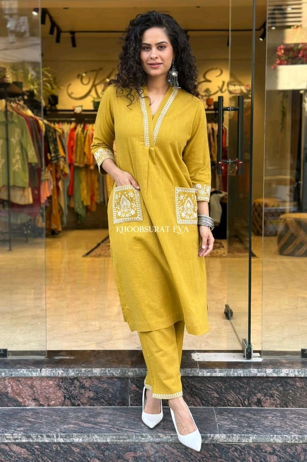 LCW 5744 New Cotton Slub Kurti Pant Set Heavy Embroidery Work With Side Pocket  - Yellow, L-40