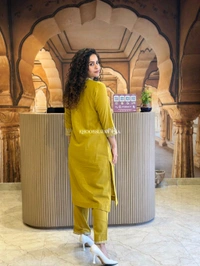 LCW 5744 New Cotton Slub Kurti Pant Set Heavy Embroidery Work With Side Pocket  - Yellow, L-40