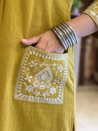 LCW 5744 New Cotton Slub Kurti Pant Set Heavy Embroidery Work With Side Pocket  - Yellow, L-40