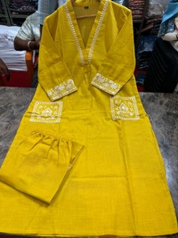 LCW 5744 New Cotton Slub Kurti Pant Set Heavy Embroidery Work With Side Pocket  - Yellow, L-40