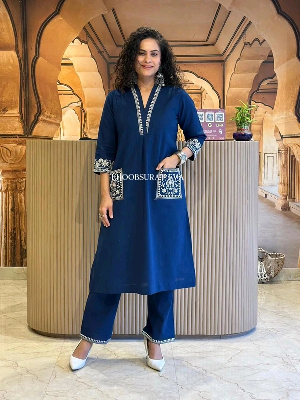LCW 5744 New Cotton Slub Kurti Pant Set Heavy Embroidery Work With Side Pocket  - Blue, M-38