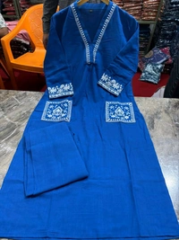 LCW 5744 New Cotton Slub Kurti Pant Set Heavy Embroidery Work With Side Pocket  - Blue, 2XL-44