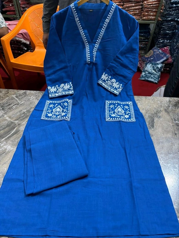 LCW 5744 New Cotton Slub Kurti Pant Set Heavy Embroidery Work With Side Pocket  - Blue, 2XL-44