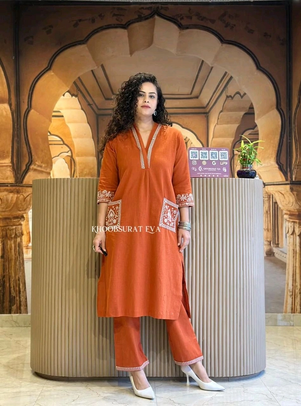 LCW 5744 New Cotton Slub Kurti Pant Set Heavy Embroidery Work With Side Pocket  - Orange, M-38