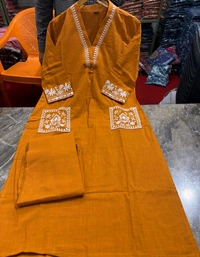 LCW 5744 New Cotton Slub Kurti Pant Set Heavy Embroidery Work With Side Pocket  - Orange, L-40