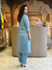 LCW 5744 New Cotton Slub Kurti Pant Set Heavy Embroidery Work With Side Pocket  - Light  Blue, L-40