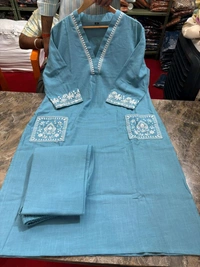 LCW 5744 New Cotton Slub Kurti Pant Set Heavy Embroidery Work With Side Pocket  - Light  Blue, L-40