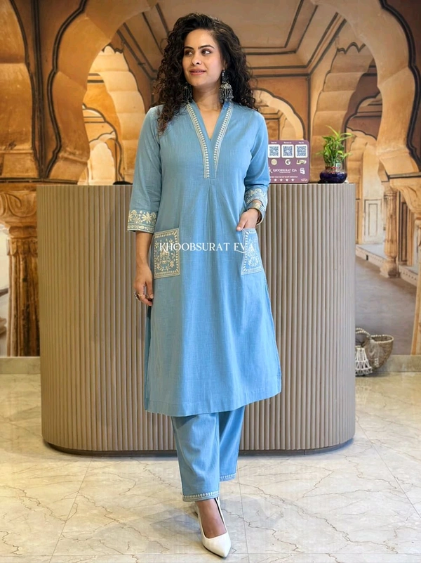 LCW 5744 New Cotton Slub Kurti Pant Set Heavy Embroidery Work With Side Pocket  - Light  Blue, XL-42