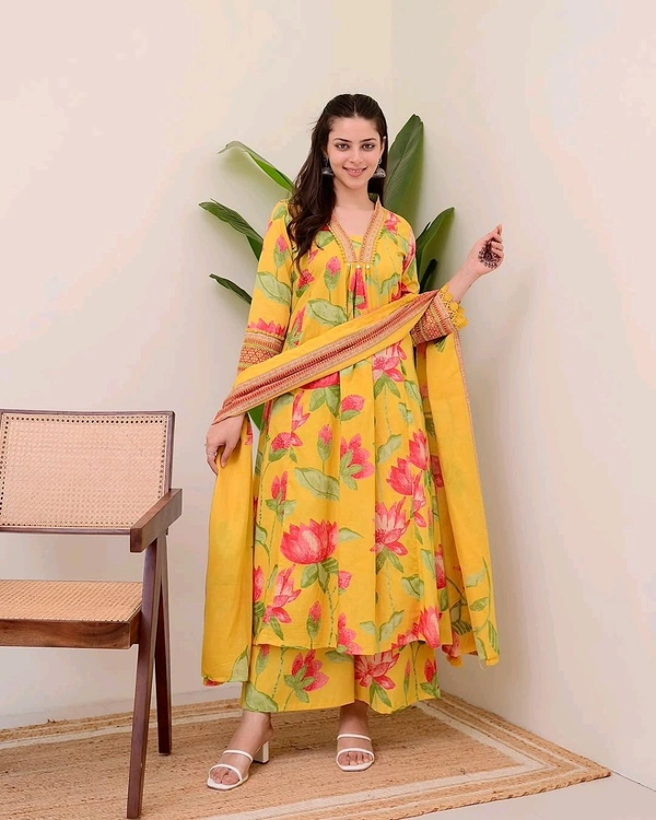 LCW 5748 New Heavy Cotton  Alia cut  kurta Duptta  set Less Work  with new style... - Yellow, L-40