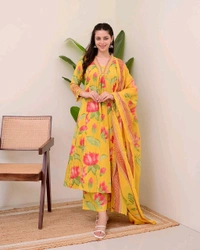 LCW 5748 New Heavy Cotton  Alia cut  kurta Duptta  set Less Work  with new style... - Yellow, L-40