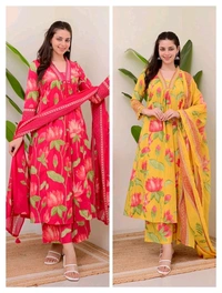 LCW 5748 New Heavy Cotton  Alia cut  kurta Duptta  set Less Work  with new style... - Yellow, L-40