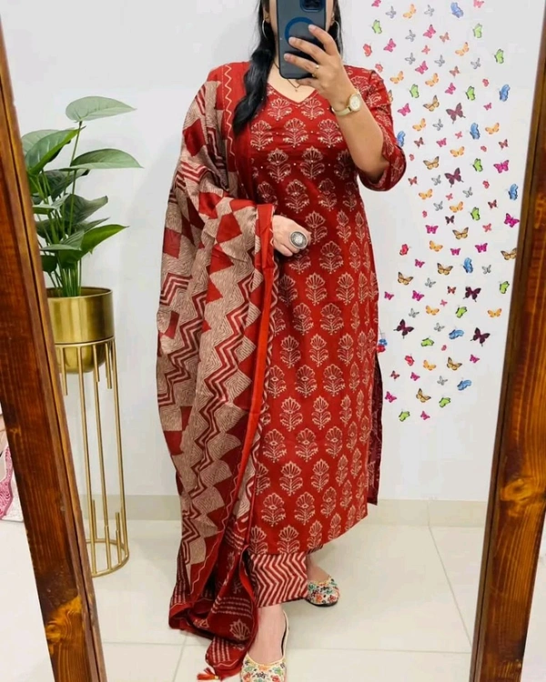 LCW 5749 New Beautiful Heavy Cotton Kurti Pant Dupatta Set Embroidery With Side Pocket     - Red, L-40