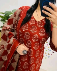 LCW 5749 New Beautiful Heavy Cotton Kurti Pant Dupatta Set Embroidery With Side Pocket     - Red, L-40