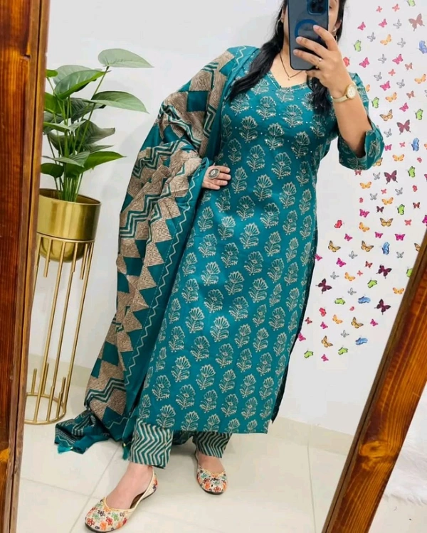 LCW 5749 New Beautiful Heavy Cotton Kurti Pant Dupatta Set Embroidery With Side Pocket     - Blue, L-40