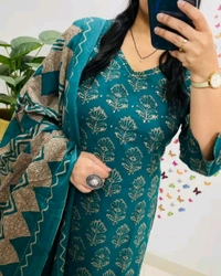 LCW 5749 New Beautiful Heavy Cotton Kurti Pant Dupatta Set Embroidery With Side Pocket     - Blue, L-40