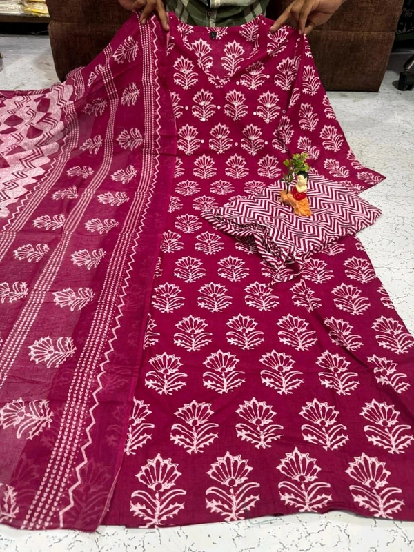 LCW 5749 New Beautiful Heavy Cotton Kurti Pant Dupatta Set Embroidery With Side Pocket     - Pink, 3XL-46