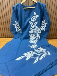 LCW 5750 New Cotton Slub Co-ord  Set With Embroidery Work  - Blue, M-38