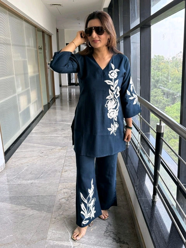 LCW 5750 New Cotton Slub Co-ord  Set With Embroidery Work  - Blue, L-40