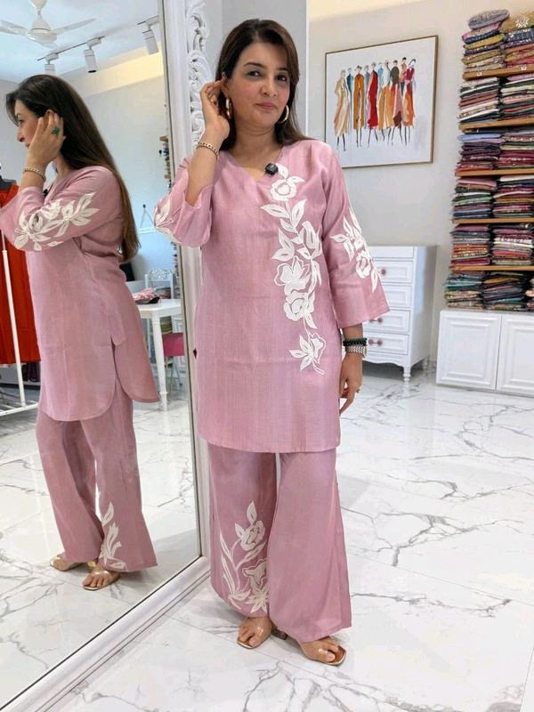 LCW 5750 New Cotton Slub Co-ord  Set With Embroidery Work  - baby  Pink, L-40
