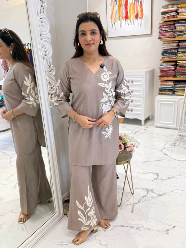 LCW 5750 New Cotton Slub Co-ord  Set With Embroidery Work  - Gray, XL-42