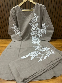 LCW 5750 New Cotton Slub Co-ord  Set With Embroidery Work  - Gray, XL-42