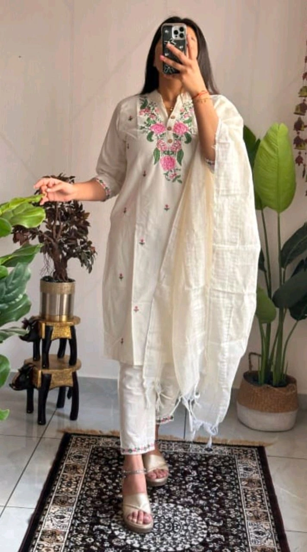 LCW 5751 Beautiful pure Taj cotton embroidery Cotton Kurti Pant Dupatta  suit set. - White, M-38
