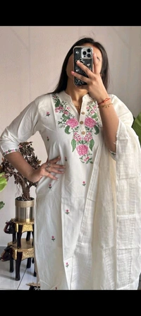 LCW 5751 Beautiful pure Taj cotton embroidery Cotton Kurti Pant Dupatta  suit set. - White, 2XL-44