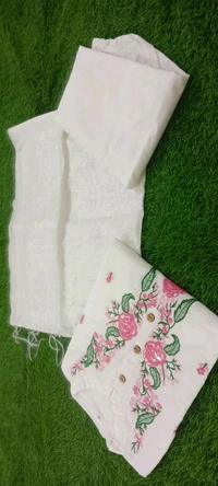 LCW 5751 Beautiful pure Taj cotton embroidery Cotton Kurti Pant Dupatta  suit set. - White, 2XL-44