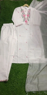 LCW 5751 Beautiful pure Taj cotton embroidery Cotton Kurti Pant Dupatta  suit set. - White, 2XL-44