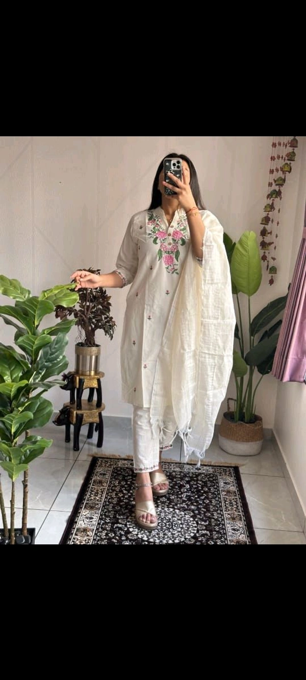 LCW 5751 Beautiful pure Taj cotton embroidery Cotton Kurti Pant Dupatta  suit set. - White, 3XL-46
