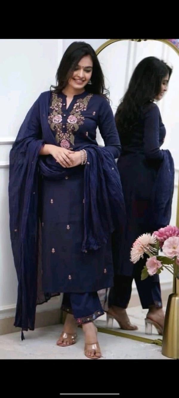 LCW 5751 Beautiful pure Taj cotton embroidery Cotton Kurti Pant Dupatta  suit set. - Navy Blue, M-38