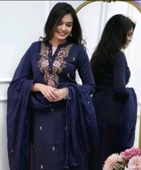 LCW 5751 Beautiful pure Taj cotton embroidery Cotton Kurti Pant Dupatta  suit set. - Navy Blue, M-38