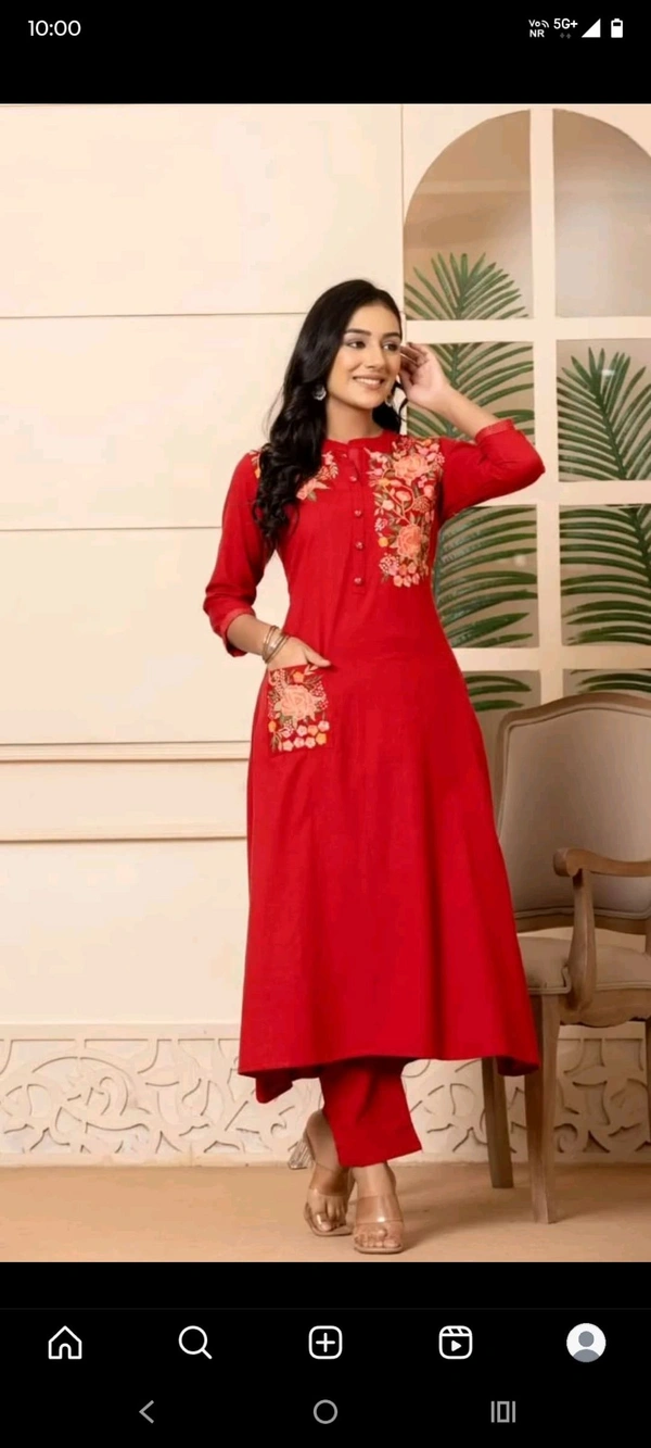 LCW 5753 New Heavy Pure fine Cotton Embroidery Work Kurti with Pant with *Pocket - Red, L-40