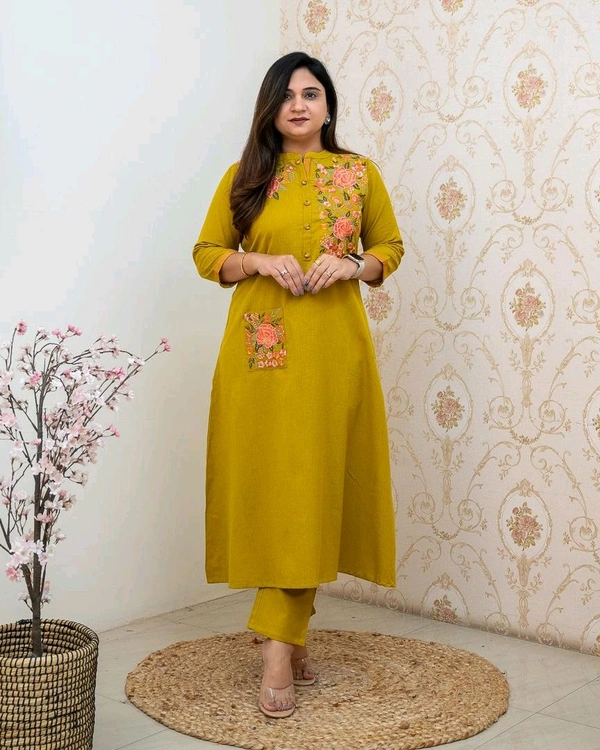 LCW 5753 New Heavy Pure fine Cotton Embroidery Work Kurti with Pant with *Pocket - Yellow, 2XL-44