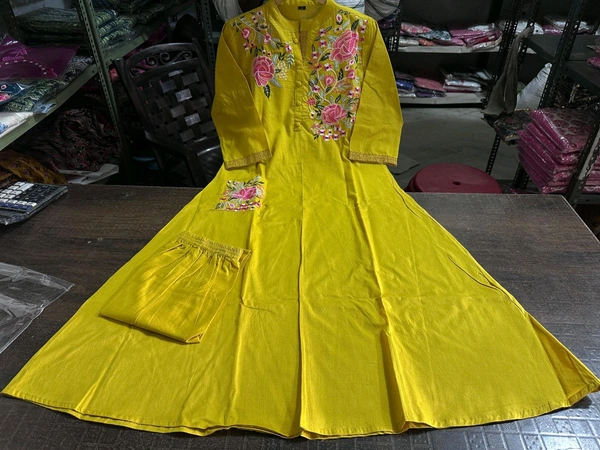 LCW 5753 New Heavy Pure fine Cotton Embroidery Work Kurti with Pant with *Pocket - Yellow, 2XL-44