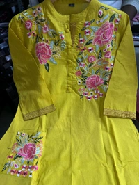 LCW 5753 New Heavy Pure fine Cotton Embroidery Work Kurti with Pant with *Pocket - Yellow, 3XL-46