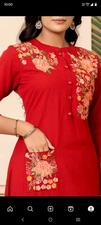 LCW 5753 New Heavy Pure fine Cotton Embroidery Work Kurti with Pant with *Pocket - Red, 2XL-44