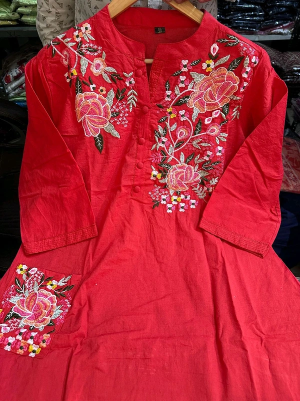 LCW 5753 New Heavy Pure fine Cotton Embroidery Work Kurti with Pant with *Pocket - Red, 2XL-44