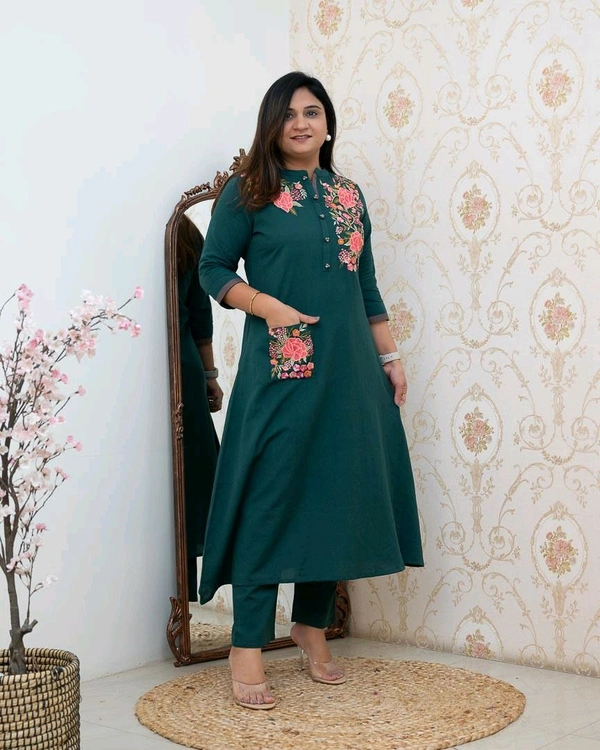 LCW 5753 New Heavy Pure fine Cotton Embroidery Work Kurti with Pant with *Pocket - Blue, L-40