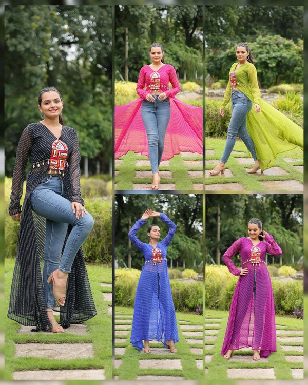 DSS 5755 PREMIUM READYMADE DESIGNER FRONT OPEN LONG FAUX GEORGETTE KURTI WITH LEHERIYA PRINT
 - Blue, 38