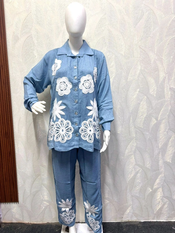 KD18  5758 *Stylish Cotton Rayon Coord Set with White Lace  - Blue, 4XL-48