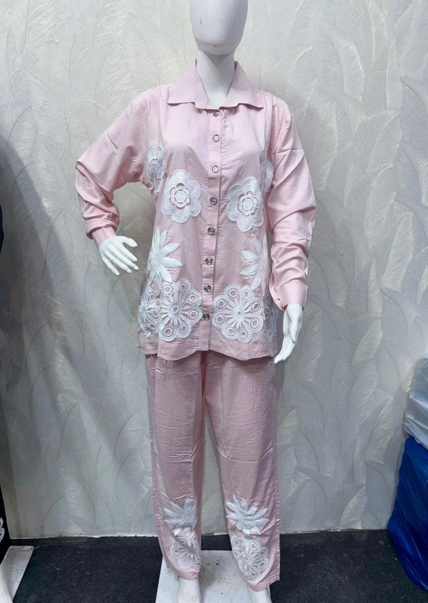 KD18  5758 *Stylish Cotton Rayon Coord Set with White Lace  - Blush Pink, 4XL-48