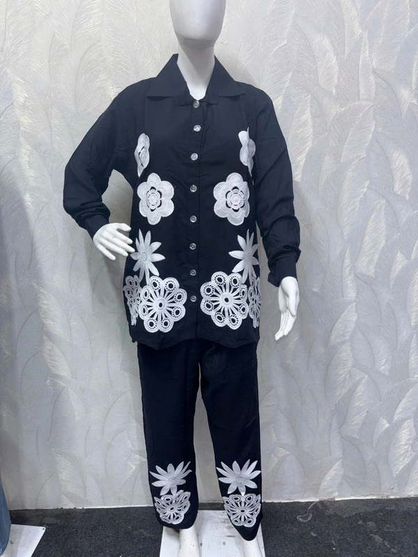 KD18  5758 *Stylish Cotton Rayon Coord Set with White Lace  - Navy Blue, 2XL-44
